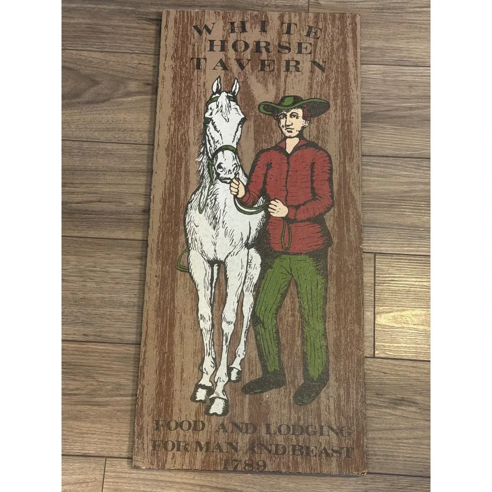 Vintage White Horse Tavern Wood Sign Food Lodging Man Beast 1789 Plaque 26x12